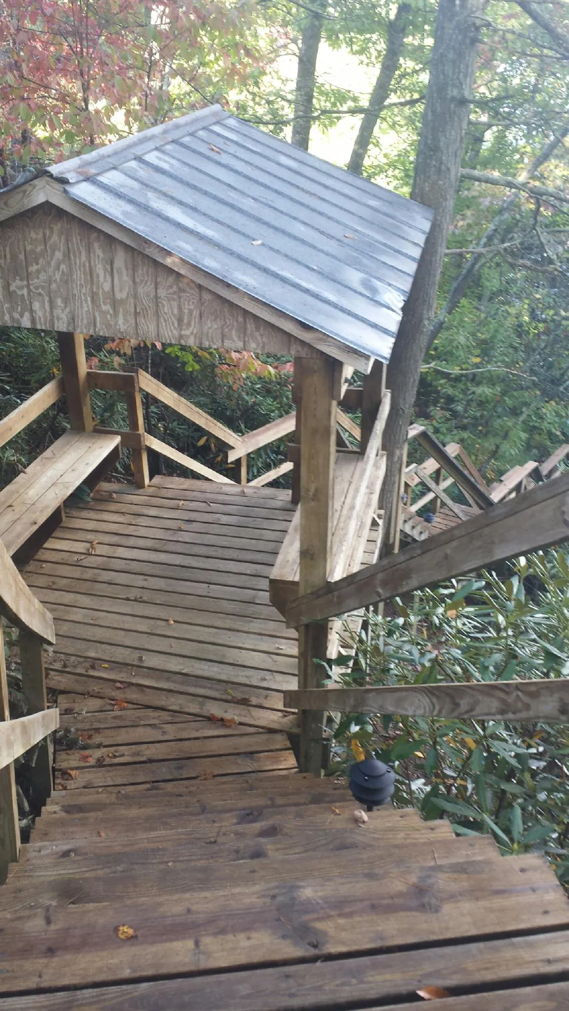 Metal roofed shelter over wooden steps on a wooded walkway — Skylight Repair & Installation work by our crew in Fort Bragg
